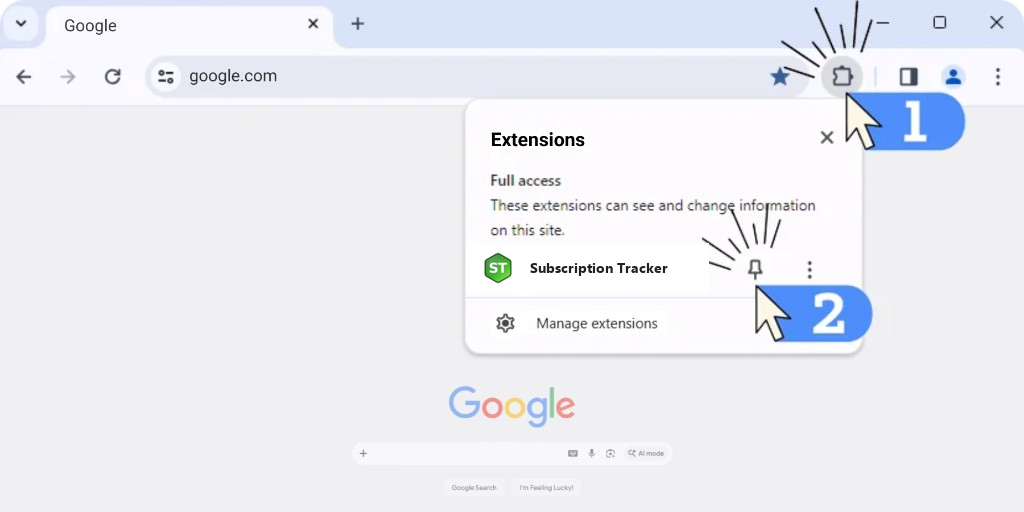 Pin Subscription Tracker in the Chrome extensions menu
